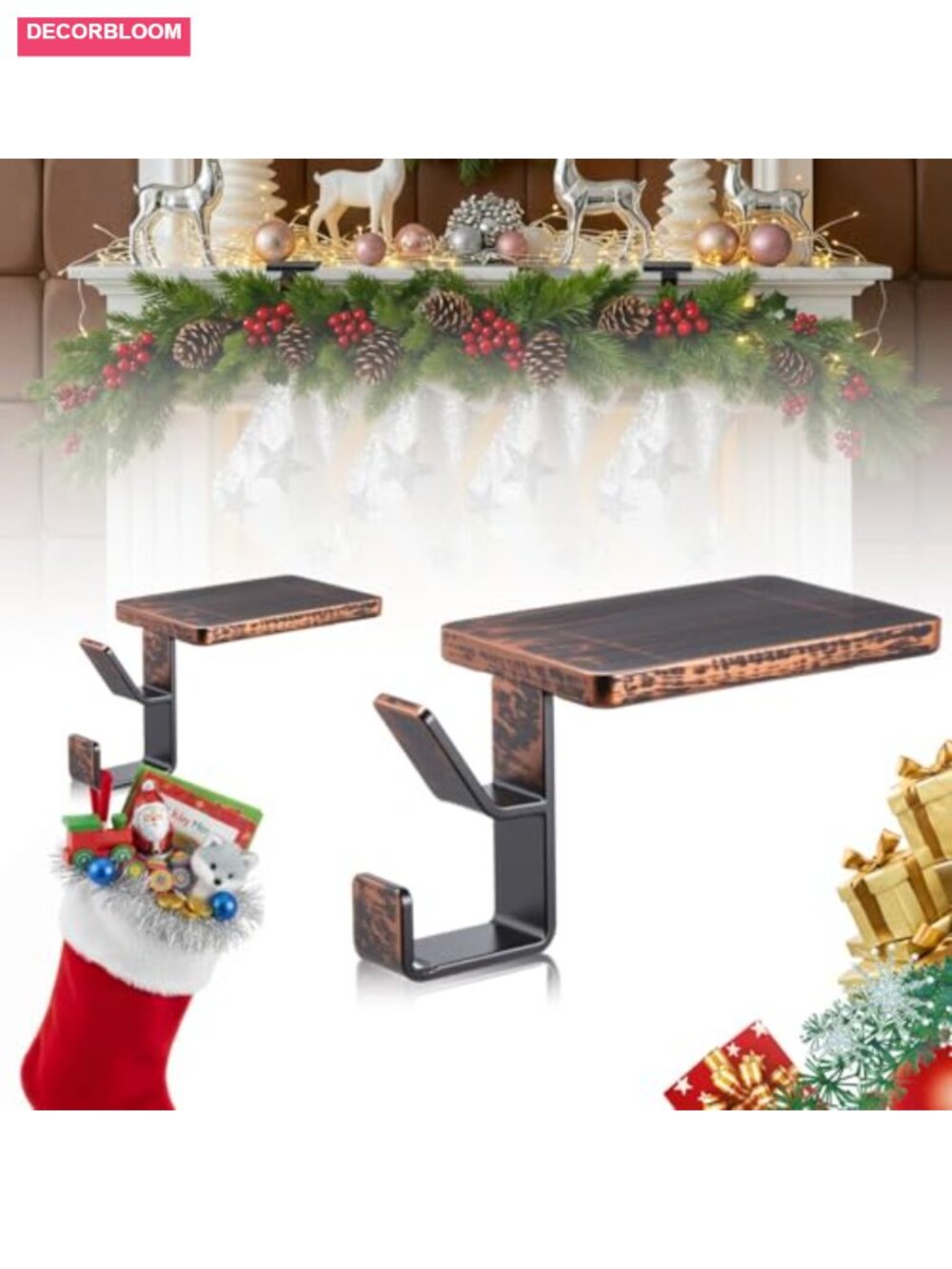 2 Pack Bronze Metal Christmas Stocking Holders & Garland Hangers, No-Drill